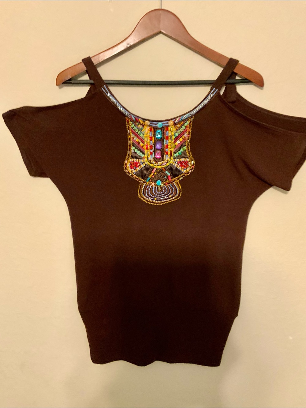 Arden B Brown Cold-Shoulder Top with Multicolor Beaded Yoke
